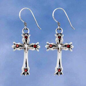 Sterling Silver Florentine Cross Wire Earrings W/Red Crystal Stones…